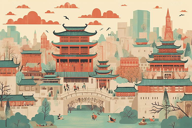 国潮苏州山水中国风插画