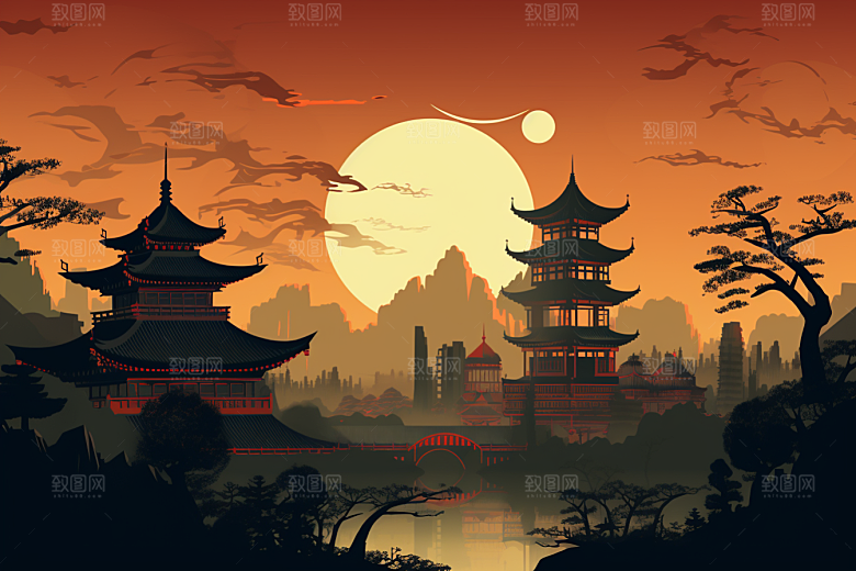 国潮苏州园林山水插画