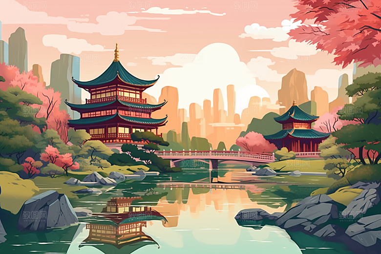国潮苏州彩色山水插画