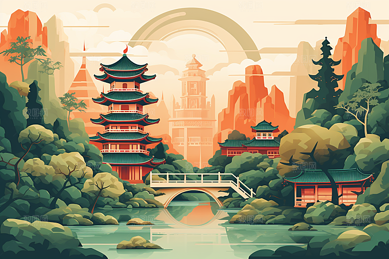 国潮苏州彩色高清插画