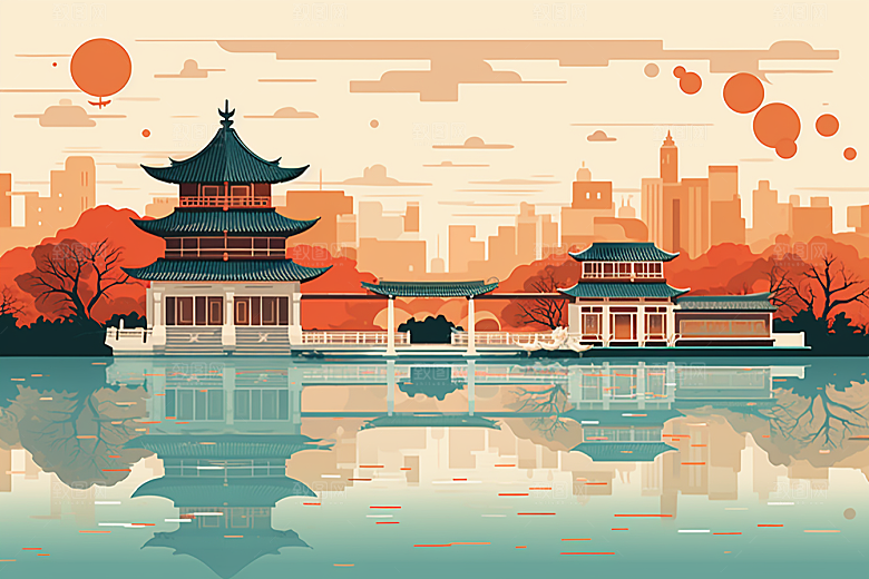 国潮苏州山水中式建筑插画