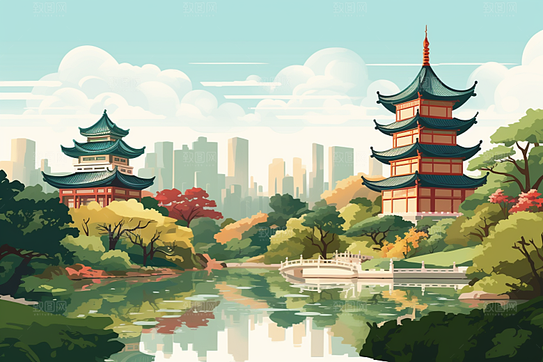 国潮苏州园林彩色插画