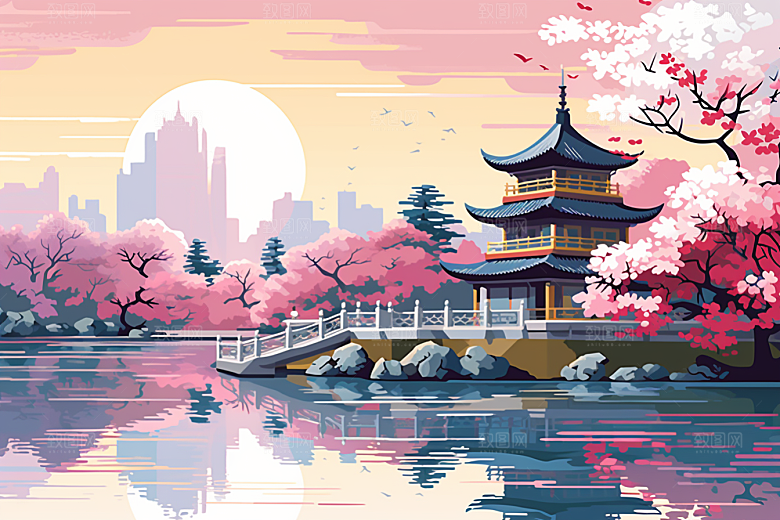 国潮苏州山水中国风插画