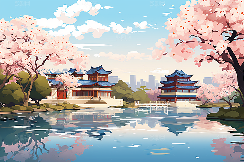 国潮苏州彩色园林插画