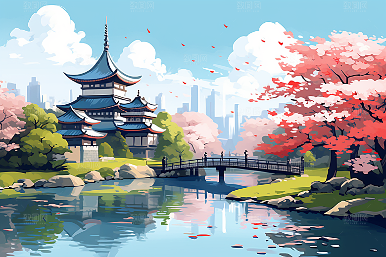 国潮苏州新中式传统风格插画