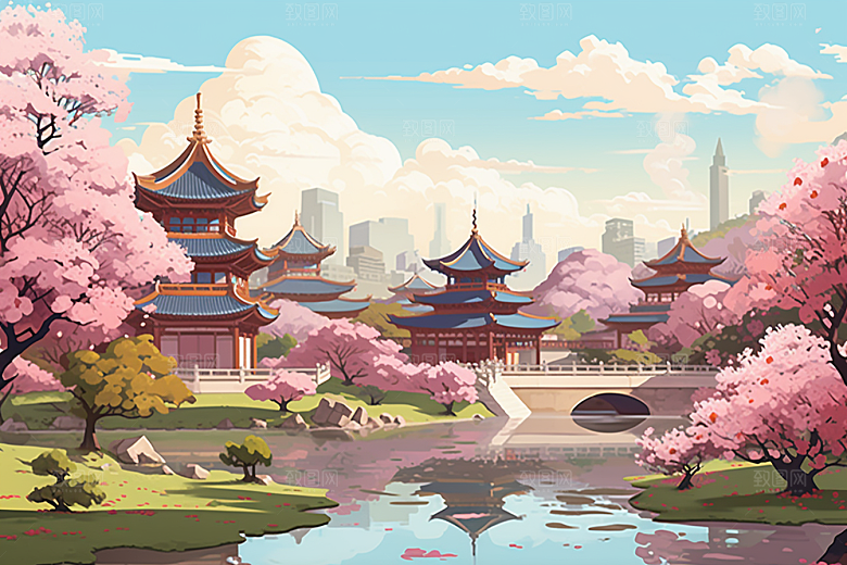 国潮苏州中式建筑山水插画