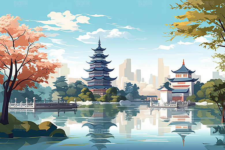 国潮苏州高清彩色插画