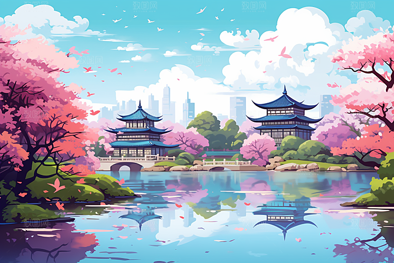 国潮苏州山水中式建筑插画