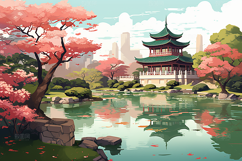 国潮苏州山水彩色插画