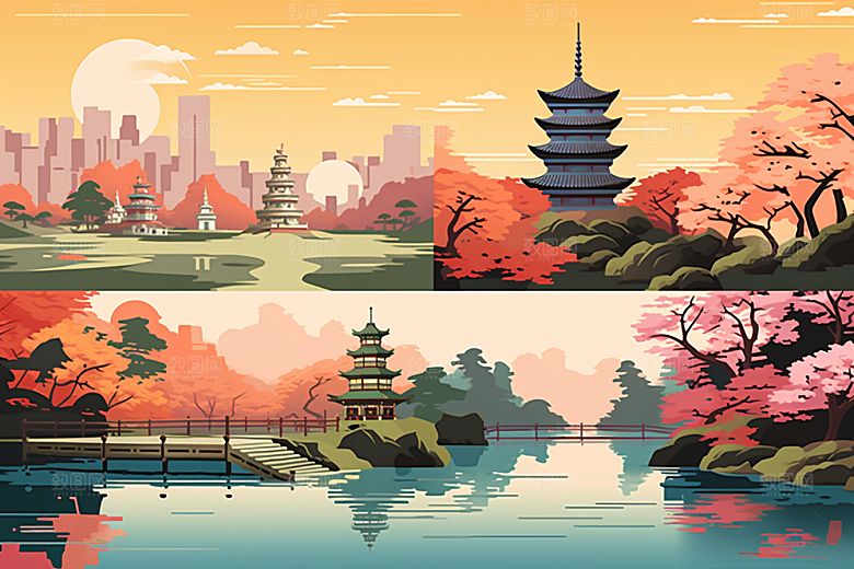 国潮苏州中式建筑山水插画