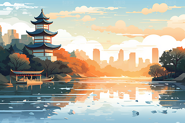 国潮苏州园林中国风插画