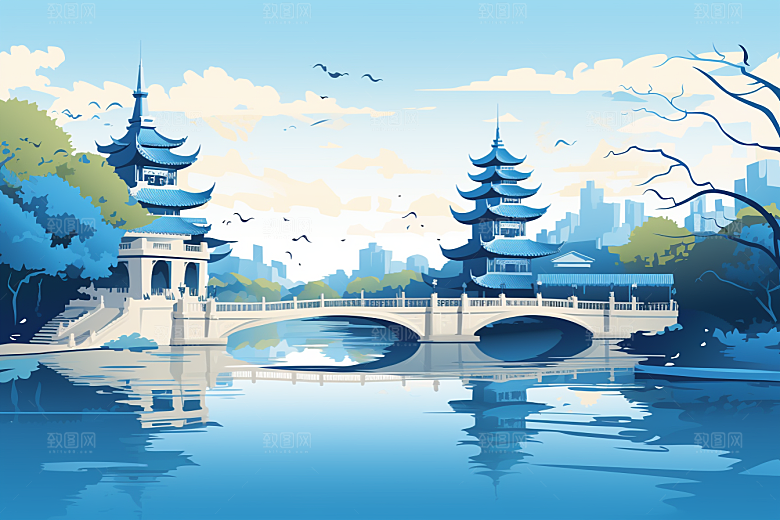国潮苏州中国风彩色插画
