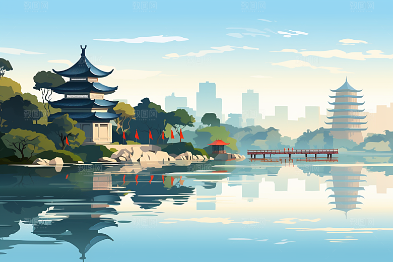 国潮苏州新中式高清插画
