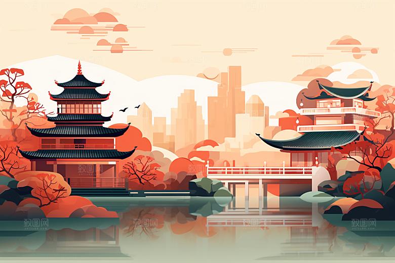 国潮苏州中式建筑园林插画