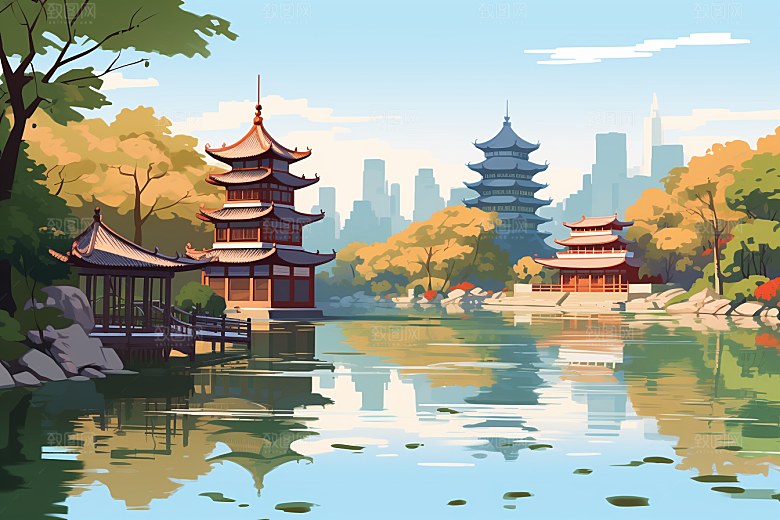 国潮苏州山水园林插画