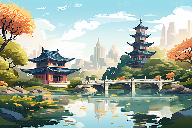 国潮苏州高清彩色插画
