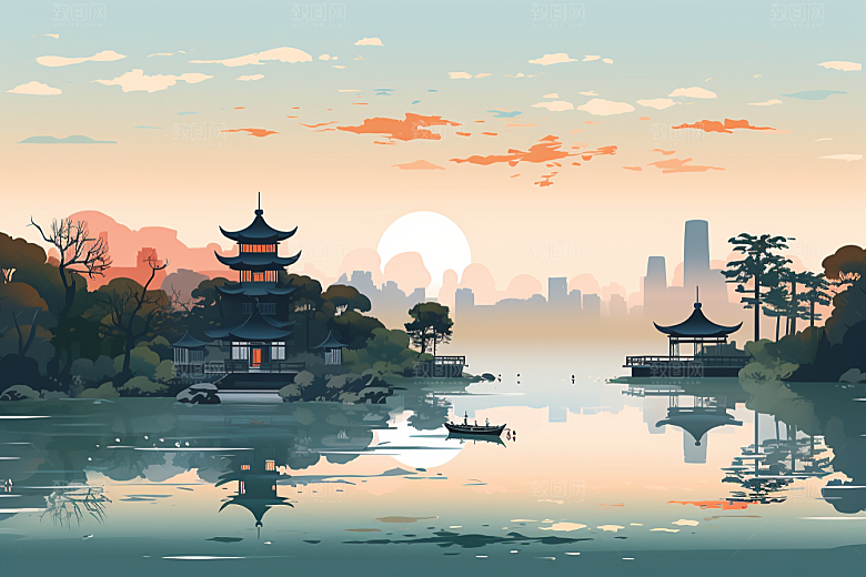 国潮苏州园林中式建筑插画