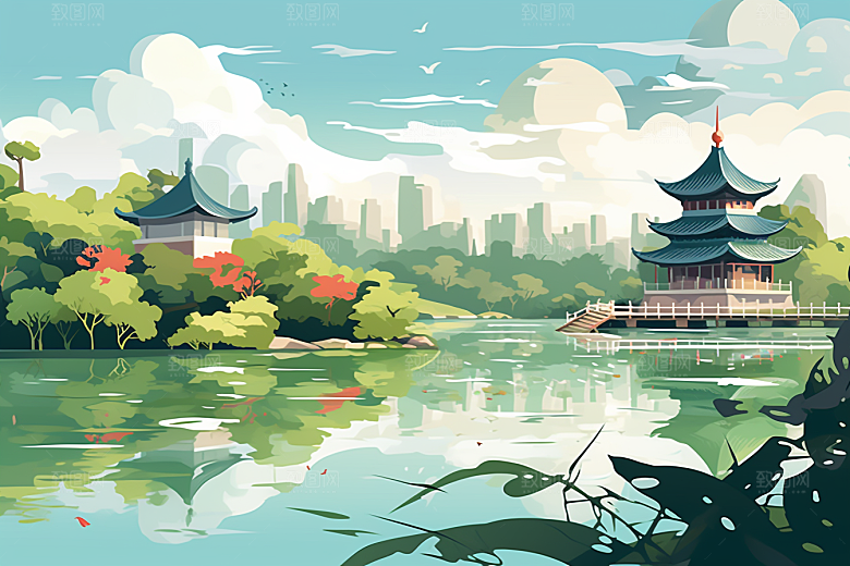 国潮苏州园林新中式插画