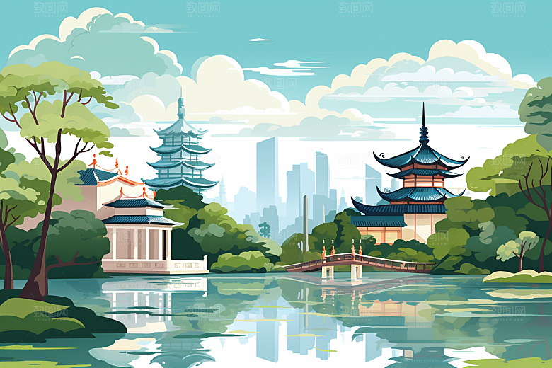国潮苏州中式建筑彩色插画