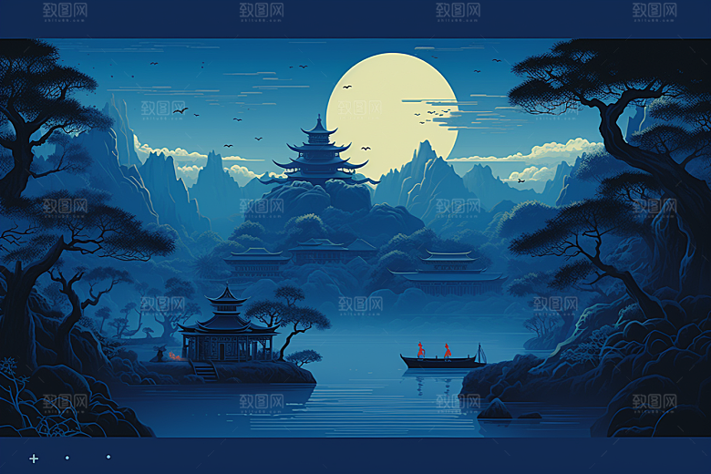 国潮苏州高清园林插画