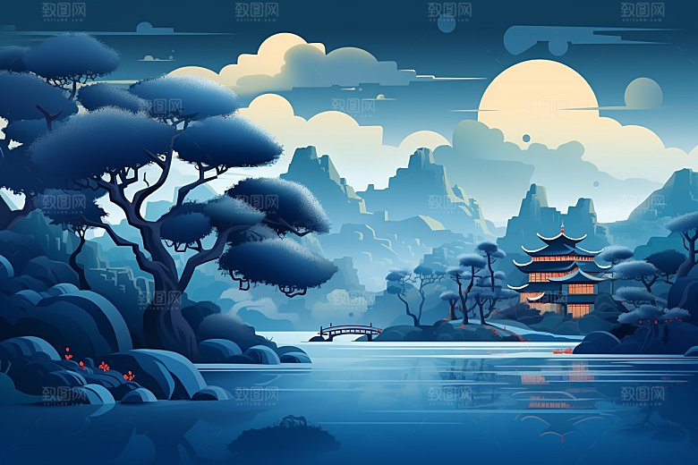 国潮苏州山水新中式插画