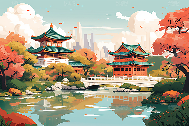 国潮苏州园林山水插画