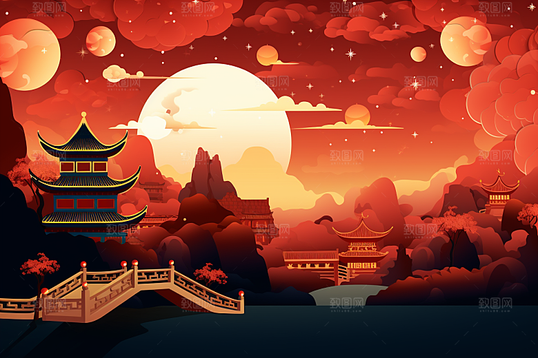 国潮苏州彩色山水插画