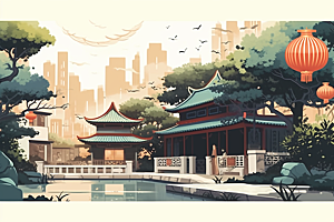 国潮苏州传统风格中式建筑插画