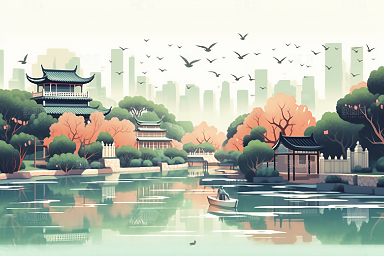 国潮苏州中式建筑高清插画
