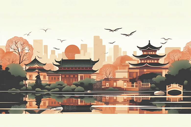 国潮苏州传统风格中式建筑插画
