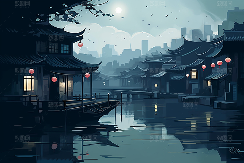国潮苏州新中式彩色插画