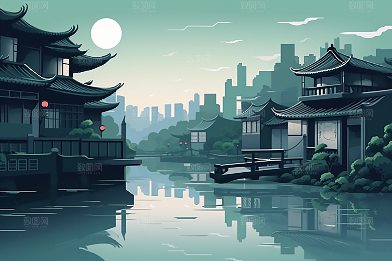 国潮苏州新中式传统风格插画