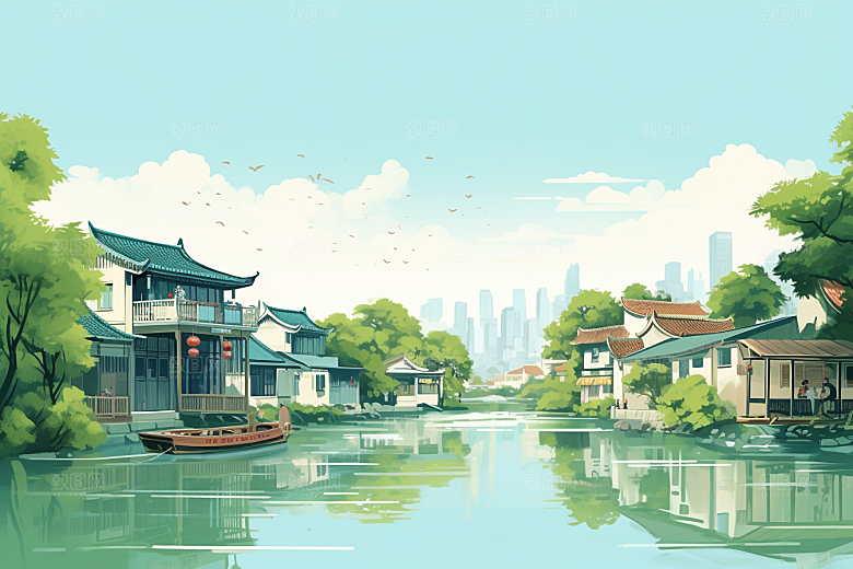 国潮苏州园林传统风格插画