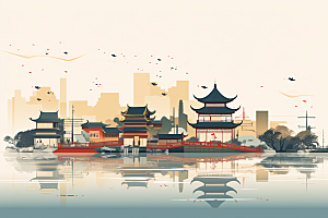 国潮苏州中式建筑中国风插画
