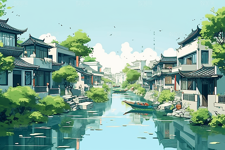 国潮苏州山水中国风插画