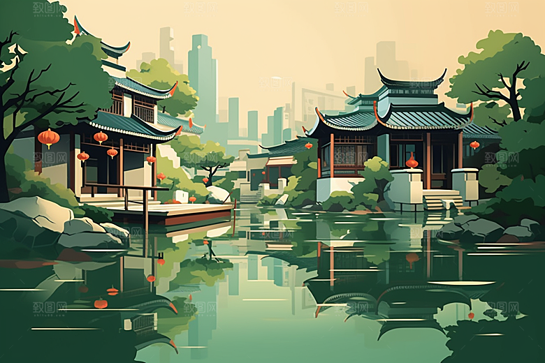国潮苏州山水传统风格插画