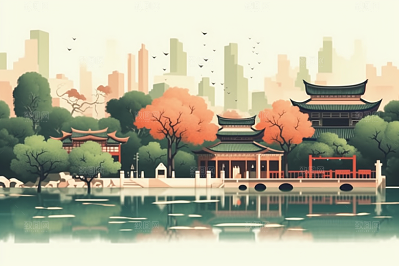 国潮苏州中式建筑山水插画