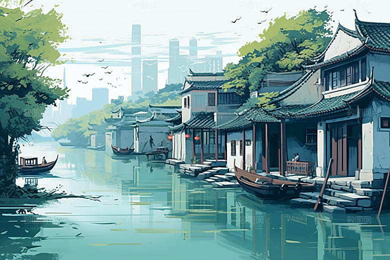 国潮苏州新中式彩色插画