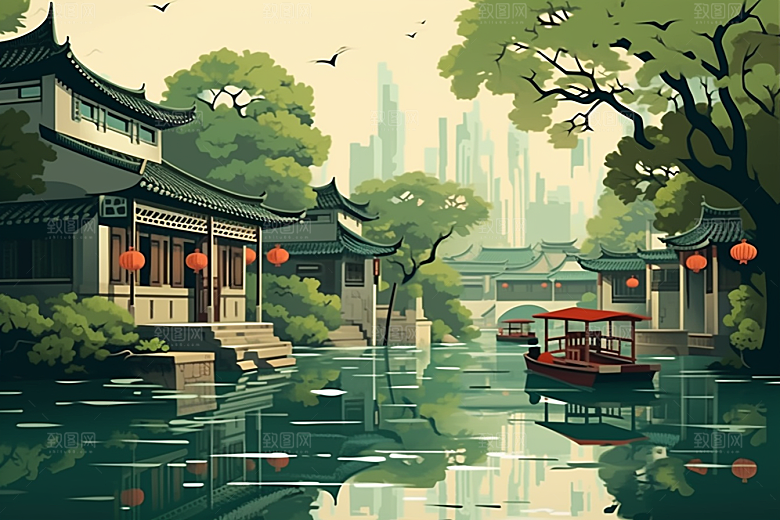 国潮苏州山水中国风插画