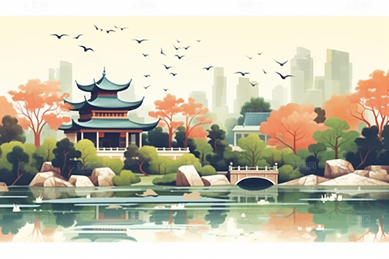 国潮苏州新中式传统风格插画