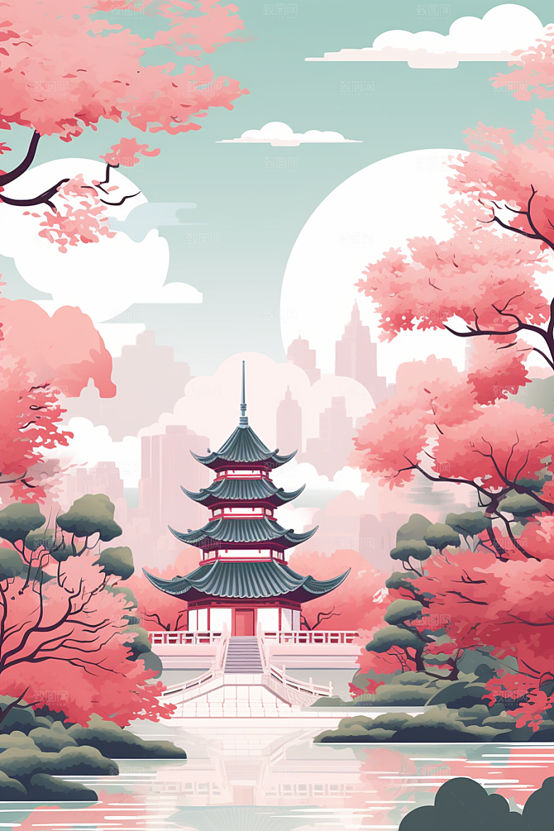 国潮苏州传统风格彩色插画