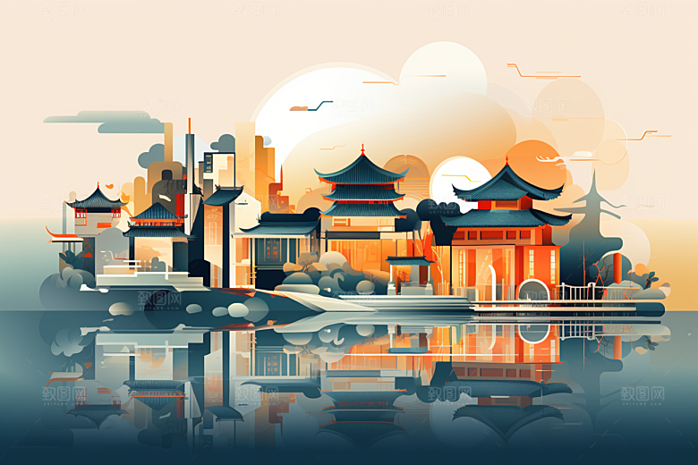 国潮苏州中国风彩色插画