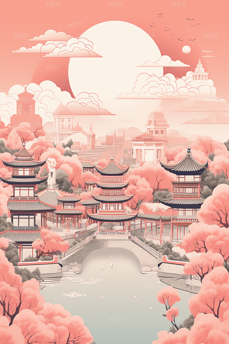 国潮苏州传统风格彩色插画