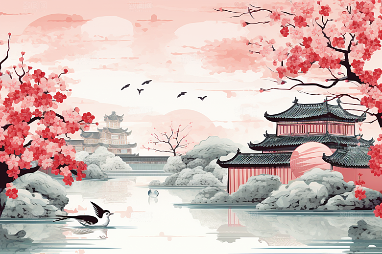 国潮苏州彩色园林插画