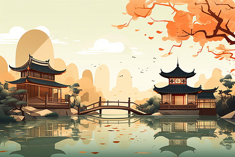国潮苏州高清园林插画