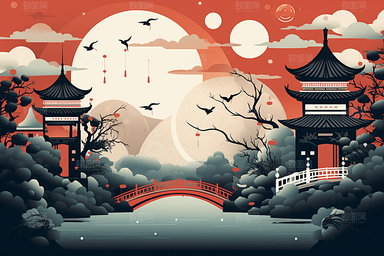 国潮苏州山水传统风格插画