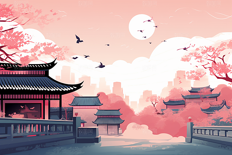 国潮苏州新中式彩色插画