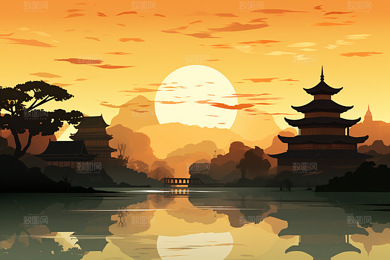 国潮苏州彩色传统风格插画