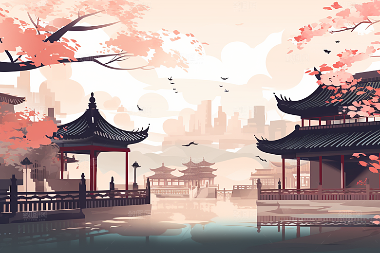国潮苏州山水彩色插画