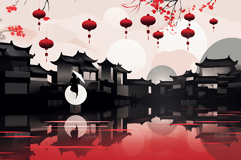 国潮苏州彩色新中式插画